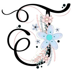 Alphabet ornaments. LETTER T floral vector with flowers and leaves, vintage handwritten, Decoration vintage for invites card and other concept ideas. Illustration letter T ornaments	
