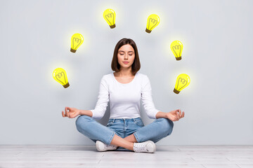 Teamwork business collaboration problem solving concept young girl sitting floor lotus position...