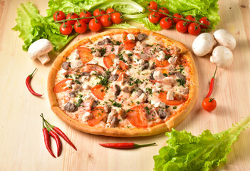 Delicious fresh pizza served on wooden table