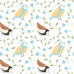 Vector seamless pattern with cartoon birds, twigs with flowers and leaves.