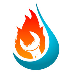 Drop of water and fire with a wrench. Heating water supply and repair symbol