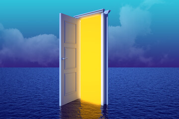 open door with yellow light in the sea