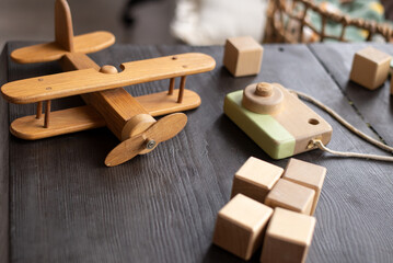 children's wooden toys airplane cubes and camera, made of natural wood for children with care and love, for the development of fine motor skills and imagination,a place to copy 
