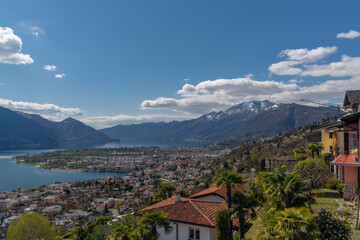 Fototapeta na wymiar View over Maggiore lake and Locarno town in spring sunny day