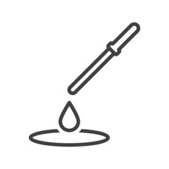 Icon drop from a pipette. A simple line drawing of a pipette and a drop falling from its spout. Vector over white background.