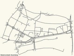 Detailed navigation black lines urban street roads map of theMARIENVORSTADT DISTRICT of the German regional capital city of Nuremberg, Germany on vintage beige background