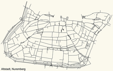 Detailed navigation black lines urban street roads map of the ALTSTADT, ST. LORENZ DISTRICT of the German regional capital city of Nuremberg, Germany on vintage beige background