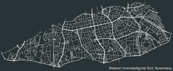 Detailed negative navigation white lines urban street roads map of the STATISTISCHER STADTTEIL 1 (WEITERER INNENSTADTGÜRTEL SÜD) DISTRICT of the German regional capital city of Nuremberg, Germany on d