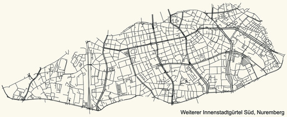 Detailed navigation black lines urban street roads map of the STATISTISCHER STADTTEIL 1 (WEITERER INNENSTADTGÜRTEL SÜD) DISTRICT of the German regional capital city of Nuremberg, Germany on vintage be