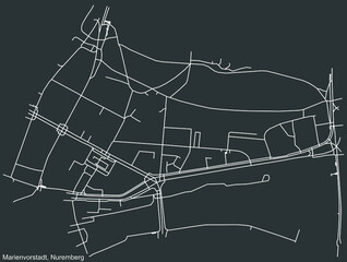 Detailed negative navigation white lines urban street roads map of the MARIENVORSTADT DISTRICT of the German regional capital city of Nuremberg, Germany on dark gray background