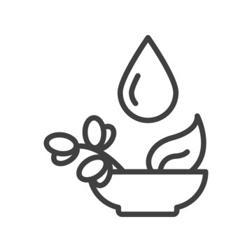 Cup icon with herbs and oils. A simple line drawing of various herbs for alternative medicine. Folk medicines. Vector over white background.