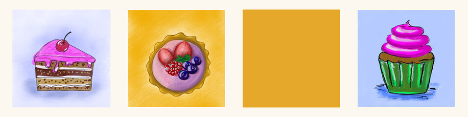 Cupcakes with whipped cream and berries illustration set