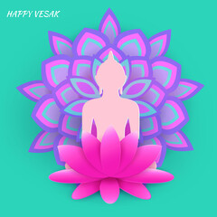 Poster for Buddha Purnima or Vesak Day with Buddha silhouette, flowers and patterns.