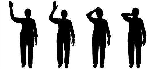 Gestures with one hand, hello, greeting, hand up, hand down behind the head. An older woman. Front view. The hand goes up and down. Four black female silhouettes are isolated on a white background.	