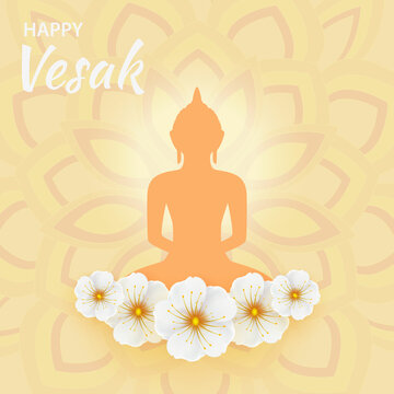 Poster for Buddha Purnima or Vesak Day with Buddha silhouette, flowers and patterns. Vector