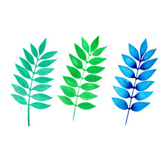 watercolor illustration of a set of blue and green branches with leaves on a white background hand drawn
