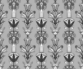 Ancient Egypt. Vintage black and white seamless pattern with Egyptian gods and symbols. Retro hand drawn vector repeating illustration. Ra, Anubis, Sekhtmet, Cleopatra, pyramid.