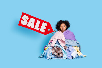 Picture photo of tired exhausted lady cleaning household sitting wrapped many clothes hate mess...