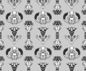 Ancient Egypt. Vintage black and white seamless pattern with Egyptian gods and symbols. Retro hand drawn vector repeating illustration. Ra, Anubis, Sekhtmet, Cleopatra, pyramid.