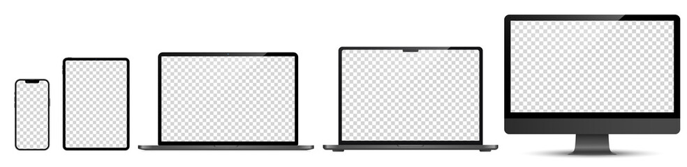 Device screen mockup. laptop, smartphone, tablet and computer monitor with blank screen mockup. Vector illustration