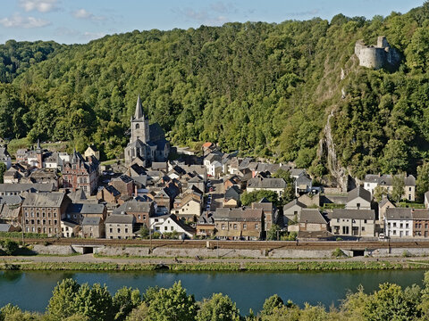 Cosy old village with cathlic church of Bouvignes sur Meuse, Namur, Wallonia, Belgium 