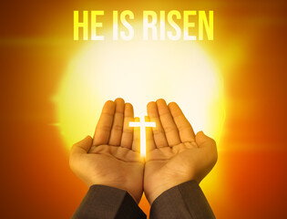 He is Risen, celebrate the resurrection background with hands in the air. Latest glowing Easter...