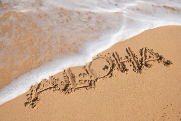 Aloha written in sand