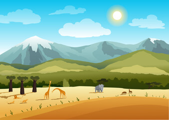 African safari flat banner concept. Beautiful nature landscape with cartoon animal characters. Tropical tourism, exotic recreation poster. Wilderness savannah illustration © the8monkey