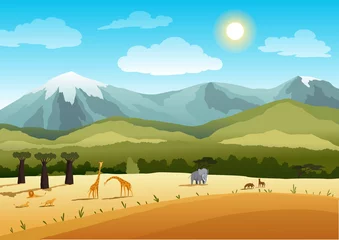 Fotobehang Afrikaanse safari platte banner concept. Prachtig natuurlandschap met dierlijke stripfiguren. Tropisch toerisme, exotische recreatie poster. Wildernis savanne illustratie © the8monkey