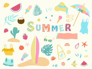 Fototapeta premium Summer Elements Collection. Enjoy the sun. Recreation items on the sand. Relax on the beach. Vector illustration.