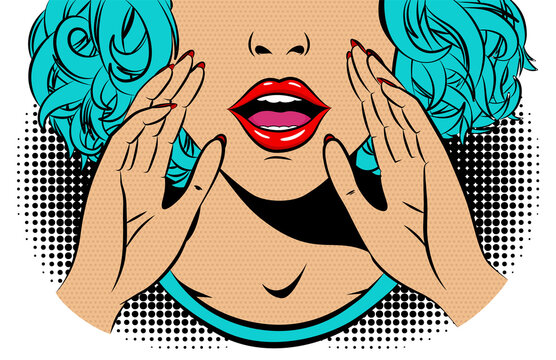 Comic book girl in pop art style. Emotional pretty woman trying to tell or announcing secret message. Beautiful lady keeping hand near her mouth