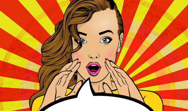Comic book girl in pop art style. Emotional pretty woman trying to tell or announcing secret message. Beautiful lady keeping hand near her mouth