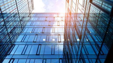 Modern office building with glass facade on a clear sky background. Abstract close up of the glass-clad facade of a modern building covered in reflective plate glass.