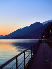 Beautiful sunset on Lake Wolfgang with a Pier. Austrian Alps, Salzburg region.