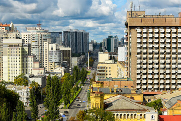 panoramic view of the center of modern Kyiv before a thunderstorm from the top view towards Shevchenko Boulevard and Victory Square
