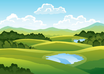 Obraz na płótnie Canvas Green golf course. Countryside beautifle background. Hand drawn nature landscape with tree, green grass and lake