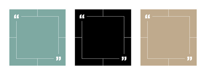 Empty Quote Frames Template Set. Blank Text Box Quote Frame Borders with Copy Space. Line Border with Quotation Marks Isolated on Background. Square Format for Social Media Post.
