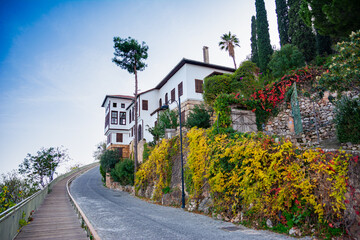 Fototapeta na wymiar A beautiful asphalt road on a hill with a gorgeous view of the old house and green plants