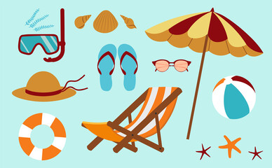 Beach Subjects Summer Set Vector Illustration In Flat Style