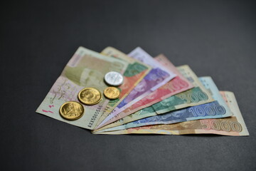 Pakistani currency notes in different denominations with coins. Currency war concept, Falling Rupee value in Pakistan against US Dollar. Shallow depth of field. Selective focus.