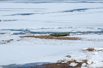 spring landscape from the lake shore, white ice cubes, blue sky, Lake Burtnieki, Latvia