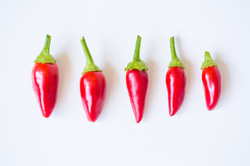 Line of red chilli peppers isolated on white background.