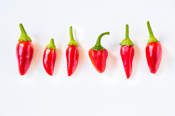 Line of red chilli peppers isolated on white background.
