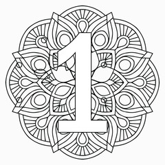 Vector Coloring page for adults. Contour black and white Number  on a beautiful mandala background