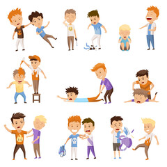 Kids bullying set. Childish bullies or verbal and physical conflict between children. Bad childs behavior, scared and strong angry children conflict, cartoon characters confrontatio