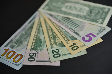 Different denominations of US Dollar bills from $1 to $100. Currency war concept, Global inflation, world economic crisis. Shallow depth of field. Selective focus.