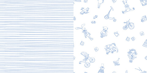 A set of two seamless patterns. Hand-drawn vintage toys on a white background. Seamless pattern of thin blue stripes. Cute baby style. Soft blue color. Stock vector illustration.
