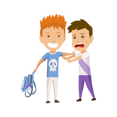 Kids bullying. Childish bullies or verbal and physical conflict between children. Bad child behavior, scared and strong angry children conflict, cartoon characters confrontation