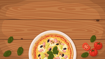 Detailed flat vector illustration of a delicious Italian style Pizza Capricciosa on a plate surrounded with fresh ingredients. Room for text.