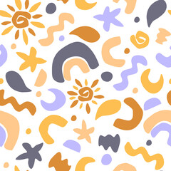 Seamless abstract contemporary pattern. Floral, floral print with rainbow, sun, month. Vector graphics.
